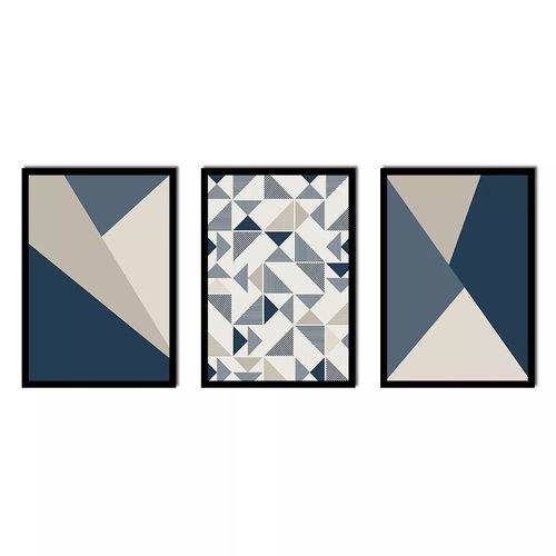 3x Quadros Decorativos Abstrato com Moldura Quarto Sala Azul