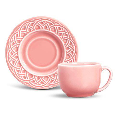 Xícara de Chá com Pires Cerâmica Cestino 6 Peças Porto Brasil Rosa