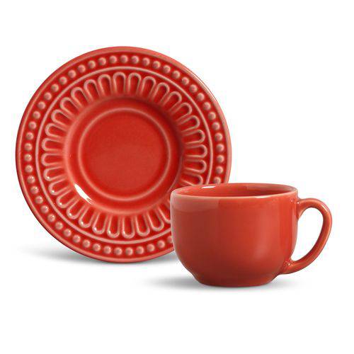 Xícara de Chá com Pires Cerâmica Pérgamo 6 Peças Porto Brasil Vermelho