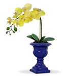 Arranjo de Flor Artificial Orquidea Amarela no Mini Pedestal Azul 40 Cm