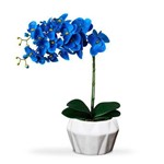 Arranjo de Flores Artificiais Orquideas Azuis no Vaso Branco Moderno 55x20 Cm