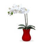 Arranjo de Flores Artificiais Orquideas Brancas Vaso Vidro Vermelho 40 Cm