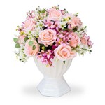 Arranjo de Flores Artificiais Rosas e Astromelias no Vaso Branco Pedestal 40x28cm