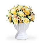 Arranjo de Flores Artificiais Rosas e Margaridas no Vaso Branco Pedestal 40x28cm