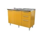 Balcão Cozinha 3 Portas 2 Gavetas C/ Pia - Aço Galvanizado - Amarelo Curry - 120x70x50 Cm