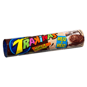 Biscoito Trakinas Meio/Meio Recheado Chocolate Branco/Preto 143g