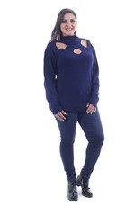 Blusa Tricot Plus Size Kardelen 3 Aberturas no Decote Azul Marinho G1-Azul Marinho