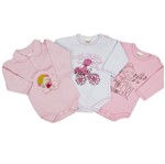Body Bebê Feminino Manga Longa Rosa, Branco e Rosa Kit com 3 Unidades-P