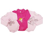 Body Bebê Feminino Manga Longa Rosa, Pink e Rosa Kit com 3 Unidades-P