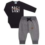 Body Longo C/ Calça Saruel para Bebê em Moletom Rock Baby Black - TMX
