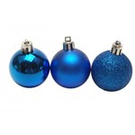 Bola Mista de Natal Azul Decorada Glitter, Marmorizada, Fosca e Lisa Tam. 8cm com 6 Unidades