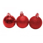 Bola Mista de Natal Vermelha Decorada Glitter e Lisa Estampada Cinto Noel Tam. 8cm com 5 Unidades
