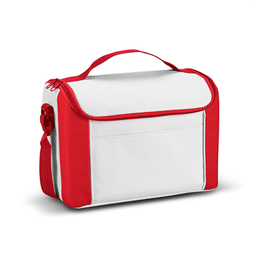 Bolsa Térmica com Bolso Frontal de 8L para Sublimação na Cor Branca/ Vermelha – Tamanho 27 X 20 X 16cm