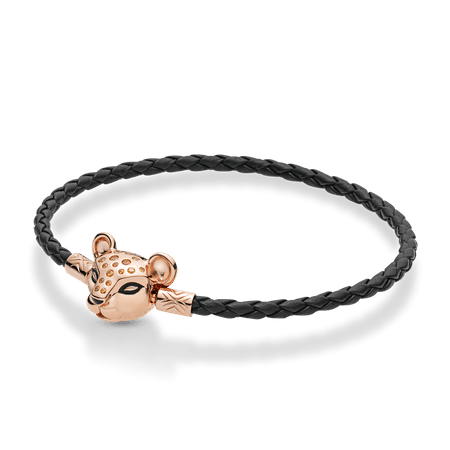 Bracelete Pandora Rose™ Cordão de Couro Preto Leoa - 17 Cm