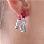 Brinco Ear Rack com Zirconia Gota e Cravação em Cristais Ródio Rosa Pink