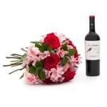 Buquê Amor com Flores Rosas e Vermelhas G + Vinho Tinto Petirrojo