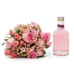 Buquê Pink com Flores Cor de Rosa P + Licor de Rosas 100ml