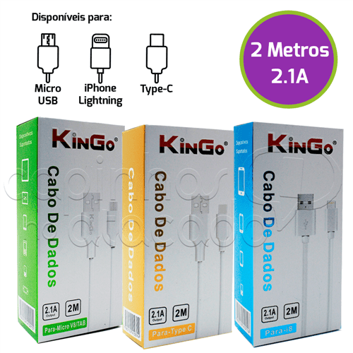 Cabo de Dados 2 Metros Linha Premium - KinGo Micro USB / V8 - Branco - 2 Metros