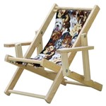 Cadeira Espreguiçadeira Dobrável Infantil Madeira Maciça Natural com Tecido Cachorros Móveis Brasil