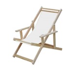 Cadeira Espreguiçadeira Dobrável Madeira Maciça Natural com Tecido Branco