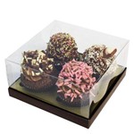 Caixa Tampa Transparente / 4 Cupcakes / Cor Marrom com Ouro (10 Unidades)