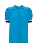 Camisa Manga Bufante de Seda Azul Tamanho 40