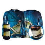 Camisa Pesca Esportiva Quisty Tucunaré Azul Camuflado + Máscara de Proteção 50 UV - Camiseta de Pesca Quisty