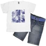 Camiseta Infantil Branca Palmeiras Azuis e Bermuda Jeans C/Cinto Azul 6