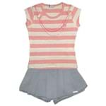 Camiseta Infantil Listrada Rosa e Short-Saia Infantil Jeans Claro com Pregas Conj.2