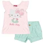 Camiseta Infantil Rosa Hello Kitty e Short Poá Verde Água 1