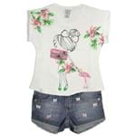 Camiseta Menina Fotógrafa e Short Infantil Jeans Borboletas Rosas Conj. 2