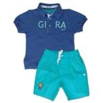 Camiseta Polo Infantil Azul e Bermuda Azul Claro Tam M
