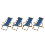 Conjunto 4 Cadeiras Espreguiçadeiras Preguiçosa Dobrável Madeira Maciça Natural com Tecido Azul Móveis Brasil