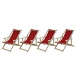 Conjunto 4 Cadeiras Espreguiçadeiras Preguiçosa Dobrável Madeira Maciça Natural com Tecido Vermelho