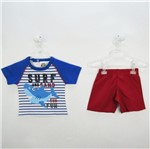 Conjunto Bebê Masculino Verão Camiseta Azul Royal Tubarão e Bermuda Vermelha-G