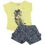 Conjunto Blusa e Shorts Jeans Cute Cat - Amarelo - Have Fun-M