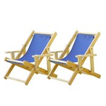 Conjunto 2 Cadeiras Espreguiçadeira Dobrável Infantil Madeira Maciça Natural com Tecido Azul