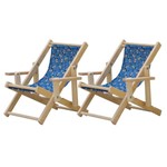 Conjunto 2 Cadeiras Espreguiçadeira Dobrável Infantil Madeira Maciça Natural Tecido Azul Cachorros