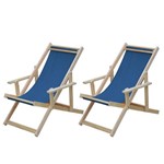 Conjunto 2 Cadeiras Espreguiçadeira Dobrável Madeira Maciça Natural com Tecido Azul - Móveis Brasil