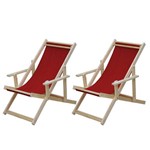 Conjunto 2 Cadeiras Espreguiçadeira Dobrável Madeira Maciça Natural com Tecido Vermelho - Móveis Brasil