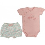 Conjunto Camiseta C/ Shorts Bebê Grow Up Menina em Algodão Flamingos