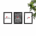 Conjunto Composição Kit 3 Quadros Decorativos Família Fé Fundo Branco Amor Fundo Listrado Coração Vermelho
