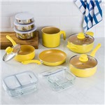 Conjunto de Panelas Everyday Amarelo + 2 Marmitas Vidro + Conjunto Potes Inox - 10 Peças - La Cuisine