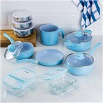 Conjunto de Panelas Everyday Azul + 2 Marmitas Vidro + Conjunto Potes Inox - 10 Peças - La Cuisine