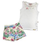 Conjunto Infantil Blusa Off White Tule e Shorts Estampado Flores - Kiki Xodo