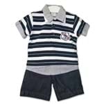 Conjunto Infantil Camisa Polo Listrada Azul Marinho / Branca e Bermuda Jeans 1