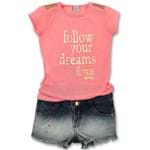 Conjunto Infantil Camiseta Pink com Dourado e Short Jeans Ombré Desfiado com Spikers Dourados 6