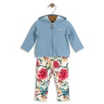 Conjunto Jaqueta com Capuz em Moletom Jeans e Calça em Molecottom Hello Kitty Baby Azul/floral