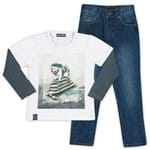 Conjunto Menino Camiseta Flamê Buldogue e Calça Jeans C/ Elastano Conj. 3