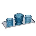 Conjunto 3 Vasos com Bandeja de Vidro 7cm Azul Espressione